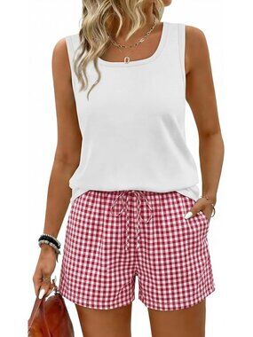 🆕Women Pink Checkered 2 Piece Sets Summer Lounge Short Sets Tank Square Neck